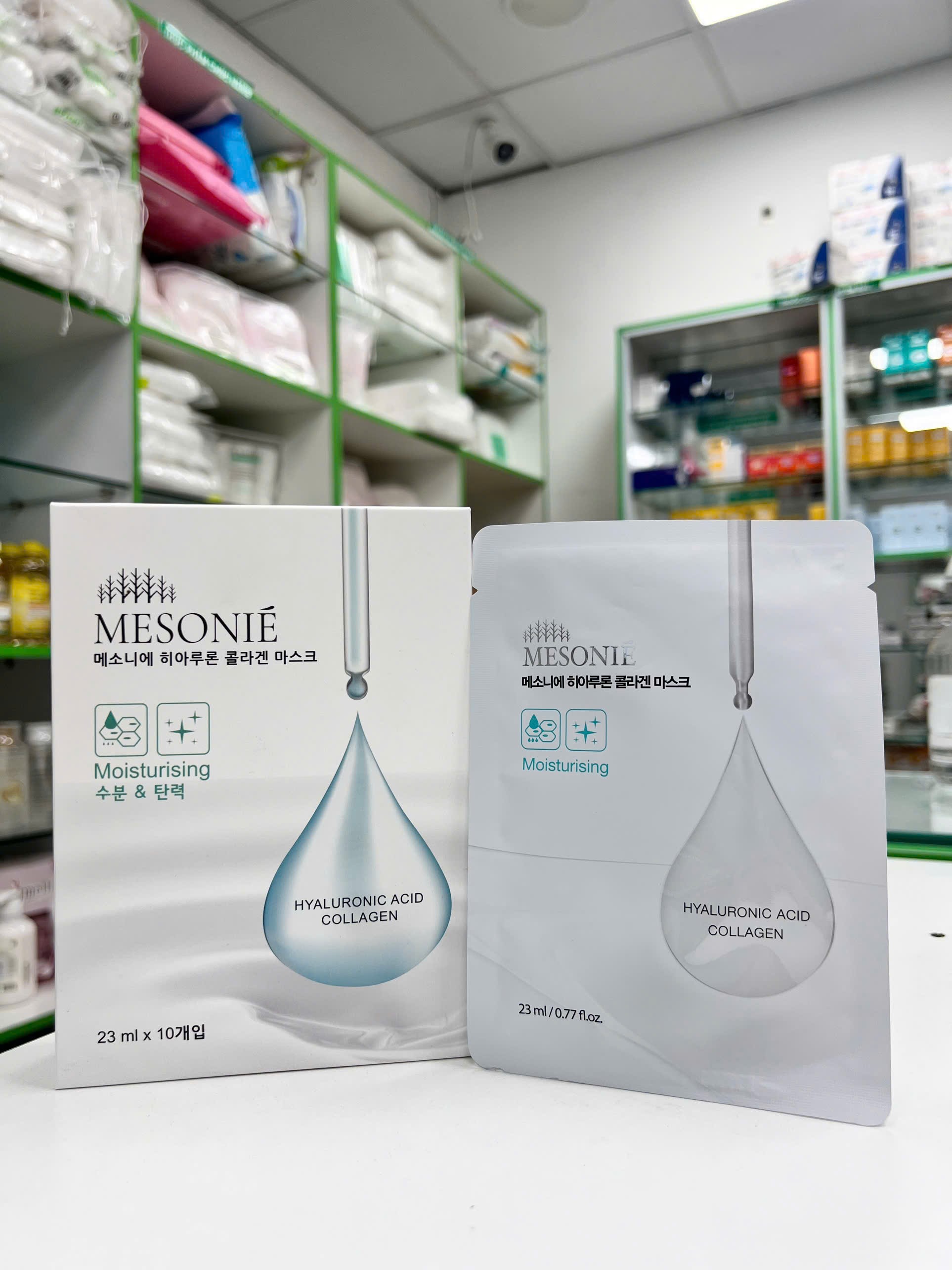 MESONIE HYALURONIC ACID COLLAGEN MASK — mặt sau hiển thị thành phần Hyaluronic Acid, Collagen và Panthenol